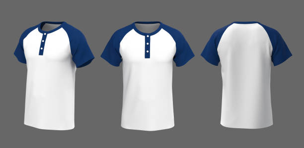 istock Blank short sleeve raglan henley t-shirt mockup in front, side and back views 1305794048
