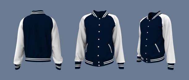 Varsity jacket mockup in front, side and back views. Varsity jacket mockup in front, side and back views. 3d illustration, 3d rendering Jacket stock pictures, royalty-free photos & images