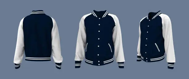 Photo of Varsity jacket mockup in front, side and back views.