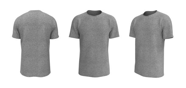 men's short sleeve t-shirt mockup in front, side and back views men's short sleeve t-shirt mockup in front, side and back views, design presentation for print, 3d illustration, 3d rendering grey stock pictures, royalty-free photos & images