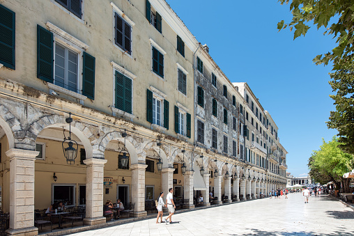 The Liston in Corfu with arcaded terraces and fashionable cafes, Corfu town, Greece - September 8, 2019
