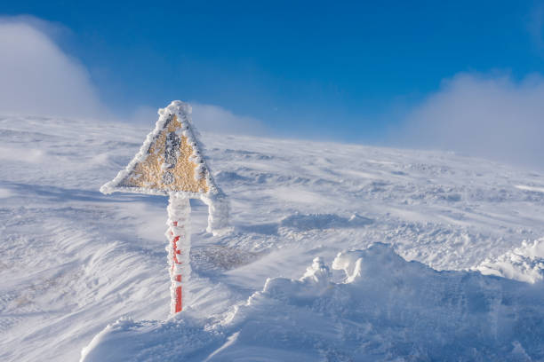 istock Warning sign covered with snow on a mountain slope. 1305796829