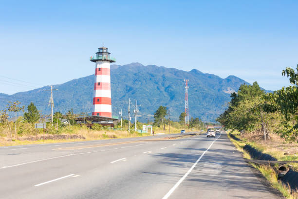 Panama Boquete March 3, the lighthouse that signals the entrance to the residential and commercial area of the same name to the south of the town and the Baru volcano in the background. Shoot on March 3, 2021