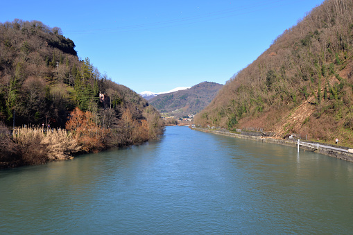 Serchio river is flowing through the valley of Garfagnana, Lucca province