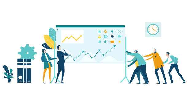 Business plan presentation. Businessman reading infographic, team representing the work. Business concept illustration Business plan presentation. Businessman reading infographic, team representing the work. Business concept illustration shareholders meeting stock illustrations