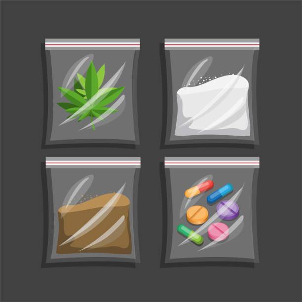 illustrations, cliparts, dessins animés et icônes de narcotique dans l’ensemble de collecte de sac en plastique. concept de symbole de drogue dans le vecteur d’illustration de dessin animé - coke