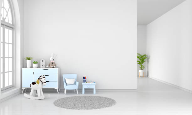 istock Table and armchair in white child room interior, 3D rendering 1305812581