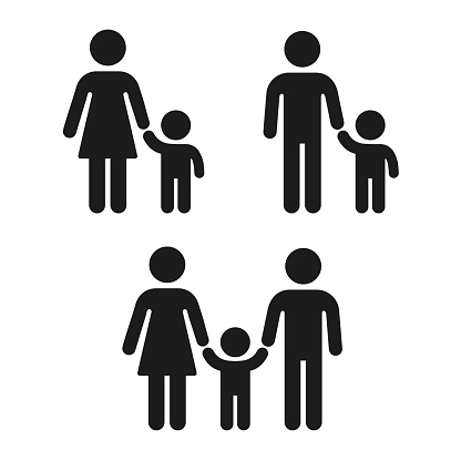 Adult and child holding hand icon, family and single parent. Simple people figure icons, vector symbol set.
