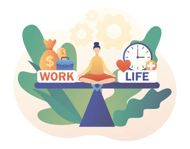 illustrazioni stock, clip art, cartoni animati e icone di tendenza di piccola donna seduta in posizione di loto e mantenere l'armonia. equilibrio tra lavoro e vita privata. scegli tra carriera e denaro contro amore e tempo. tempo libero o lavoro. moderno stile cartone animato piatto. illustrazione vettoriale - work life balance