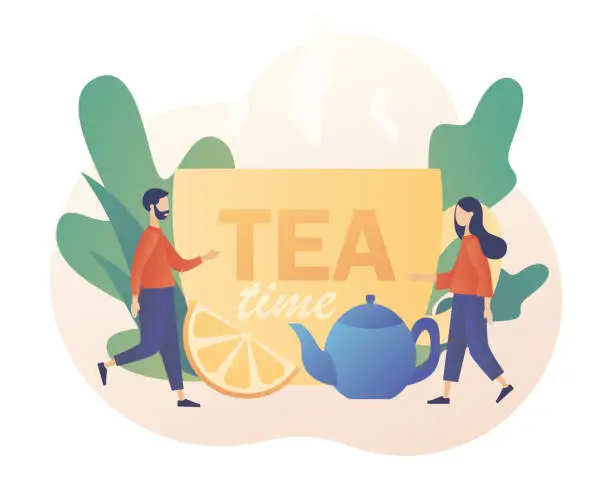 Vector illustration of Tea time concept. Tiny people drinking tea. Hot drinks party. Big cup, kettle and lemon slice. Modern flat cartoon style. Vector illustration on white background