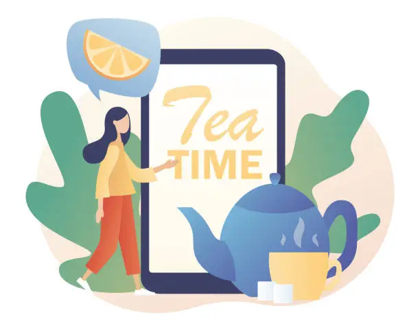 Vector illustration of Tea time - text on smartphone screen. Tiny people drinking tea. Hot drinks party online. Kettle, cup, lemon slice and sugar cubes. Modern flat cartoon style. Vector illustration on white background