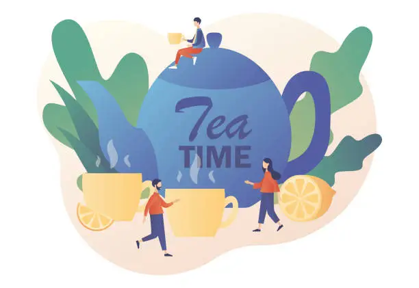 Vector illustration of Tea time concept. Tiny people drinking tea. Hot drinks party. Big kettle, cups, lemon slice and sugar cubes. Modern flat cartoon style. Vector illustration on white background