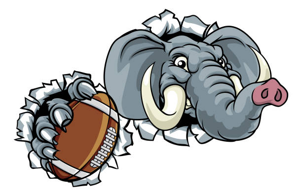 Elephant American Football Ball Sports Mascot An elephant American Football sports animal mascot holding a ball and breaking through the background republican elephant logo stock illustrations