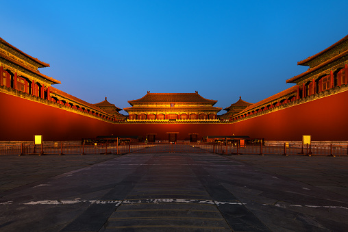 Meridian Gate of Oriental Traditional Ancient Court Building in the Forbidden City in Beijing, China