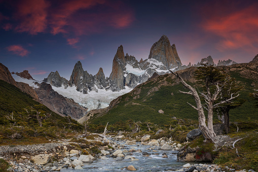 A view of the Fitz Roy cascades at dawn on the Arroyo del Salto near the Fitz Roy trail in Los Glaciares National Park above El Chalten