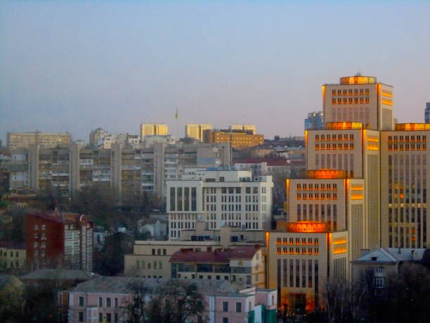 Twilight Old Industrial City Center Business Buildings Twilight Old Industrial City Center Business Buildings dnipropetrovsk stock pictures, royalty-free photos & images