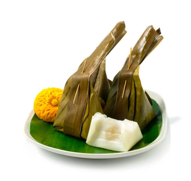 Steamed Coconut Custard with Sweet Coconut Filling Thai Dessert stock photo