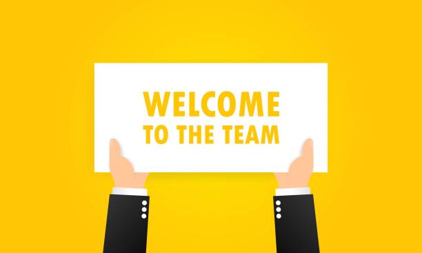 Welcome to the team banner in hands. Partnership, teamwork concept. Vector on isolated background. EPS 10 Welcome to the team banner in hands. Partnership, teamwork concept. Vector on isolated background. EPS 10. employee introduction stock illustrations