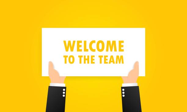 Welcome to the team banner in hands. Partnership, teamwork concept. Vector on isolated background. EPS 10 Welcome to the team banner in hands. Partnership, teamwork concept. Vector on isolated background. EPS 10. greeting stock illustrations