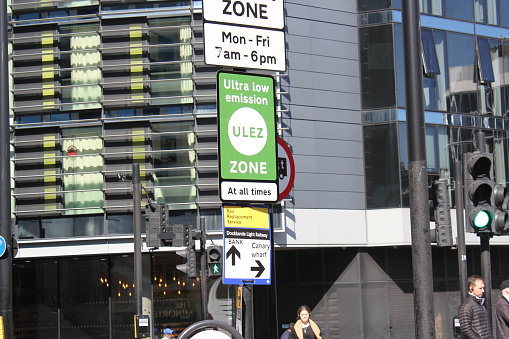 ULEZ, London, UK - April 8 2019: ULEZ (Ultra low emission zone) charge congestion charge  Ultra Low Emission Zone (ULEZ) warning sign central London