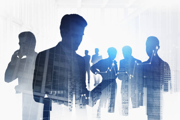 istock Business people in abstract city, teamwork 1305820488
