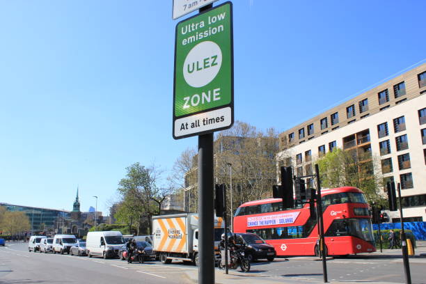 ULEZ (Ultra low emission zone) charge congestion charge Ultra Low Emission Zone (ULEZ) warning sign central London stock photo