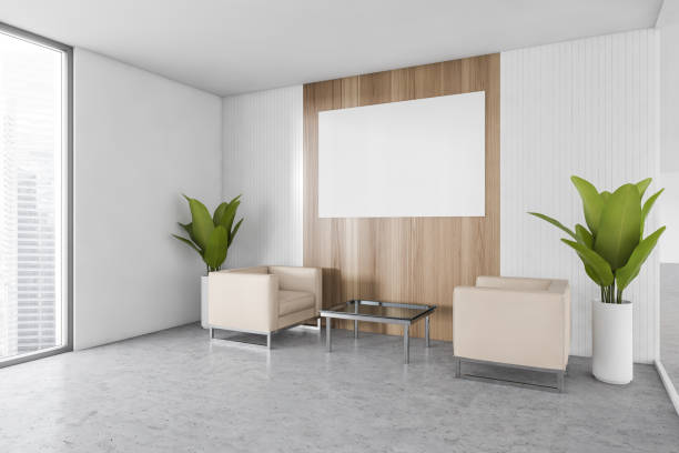 istock Mockup canvas in room with two armchairs and coffee table, marble floor 1305821546