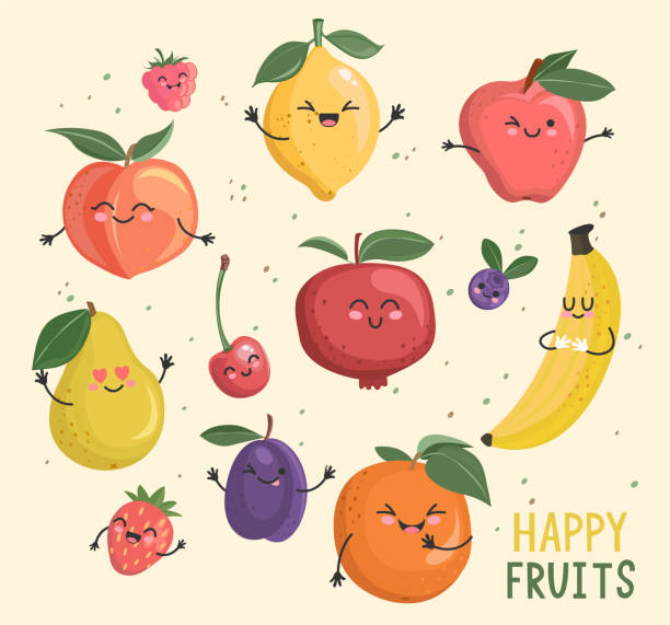 ilustraciones, imágenes clip art, dibujos animados e iconos de stock de gran conjunto de divertidos personajes de frutas alegres. - fruit apple orange lemon