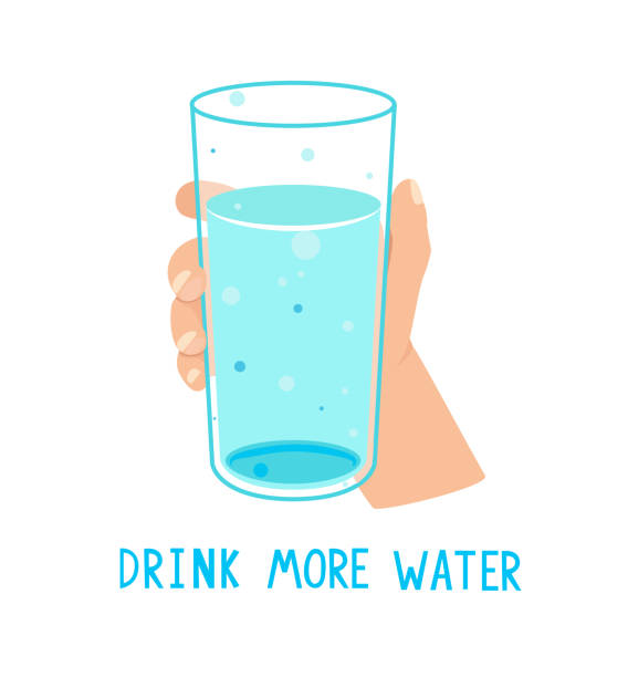 Drink more water,calling card with glass of water. Drink more water,calling banner with glass full of water. Hand drawn cute vector illustration with hand and H2O for health. Body and healthy care. day drinking stock illustrations