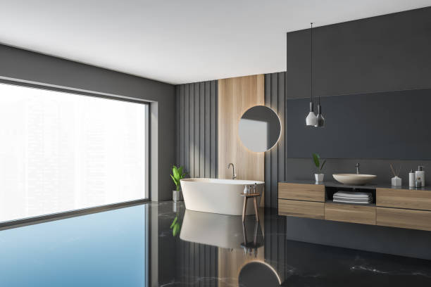 istock Modern gray and wooden bathroom corner 1305823183