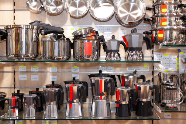 istock Stainless steel pots at store 1305824670