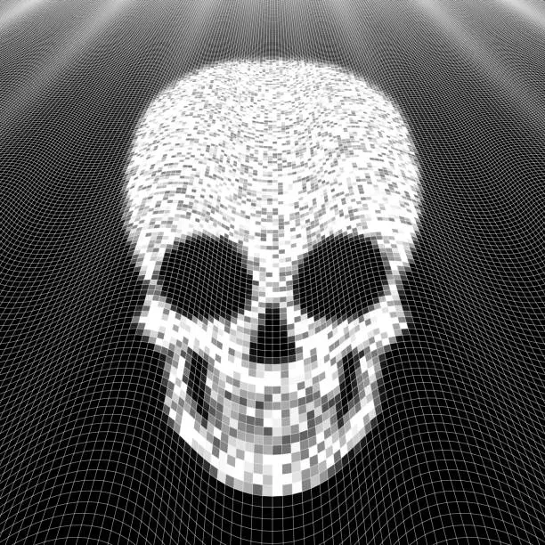 Vector illustration of Half tone skeleton skull on 3D wireframe surface