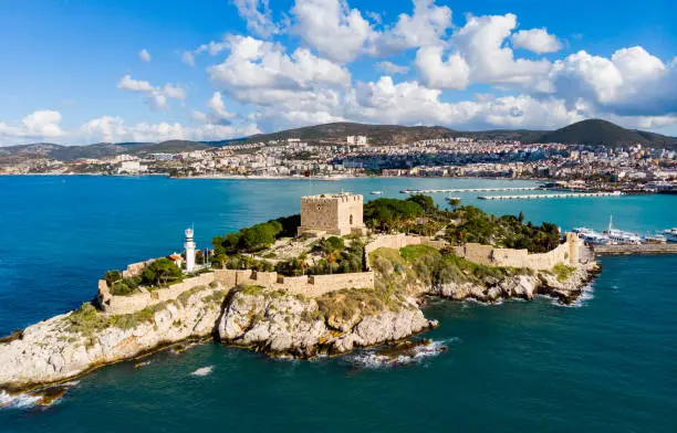 Aerial view of Kusadasi fort in Aydin province in summer sunny day, Turkey