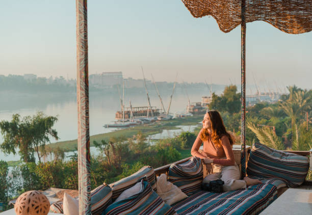 Scenic view of Nile at sunset stock photo