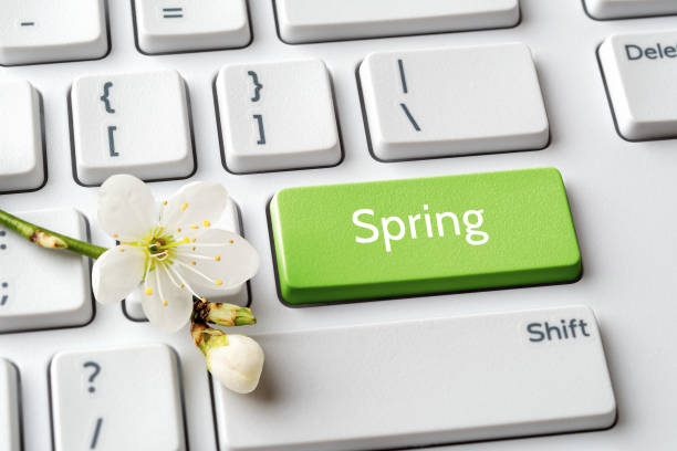 Green key with Spring word and cherry blossom with bud on a white computer keyboard. Spring season mood, holidays and sales concepts. Keypad enter button with message.