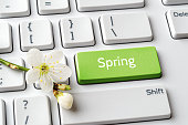 Green key with Spring word and cherry blossom with bud on a white computer keyboard. Spring season mood, holidays and sales concepts. Keypad enter button with message.