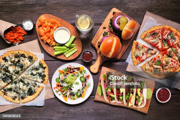Healthy Plant Based Fast Food Table Scene Top Down View On A Wood Background Stock Photo - Download Image Now