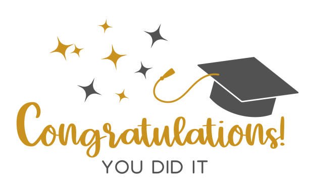 Graduation congratulations at school, university or college. Trendy calligraphy golden glitter inscription Cap icon and inscription for graduation party, invitation card, banner. University, school, academy vector symbol with gold and black hat graduation stock illustrations