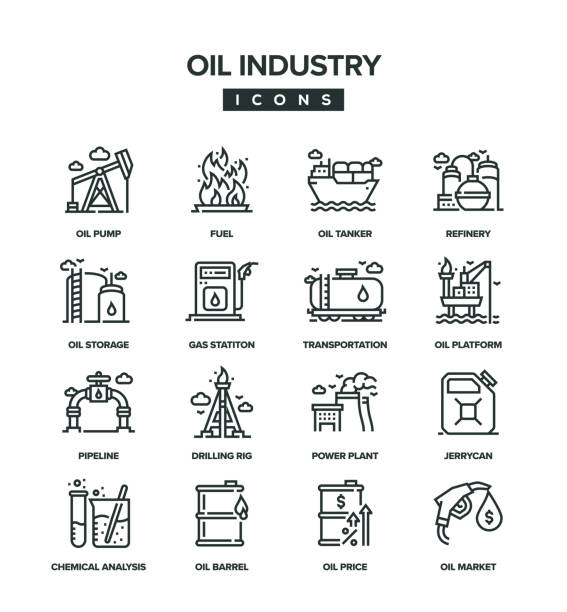 ilustraciones, imágenes clip art, dibujos animados e iconos de stock de conjunto de iconos de la línea de la industria petrolera - oil drum fuel storage tank barrel container