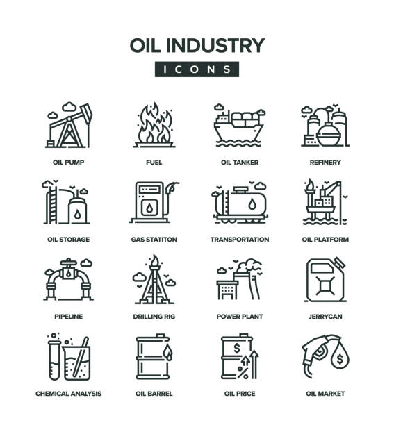 значок линии нефтяной промышленности - oil rig oil well natural gas industrial ship stock illustrations