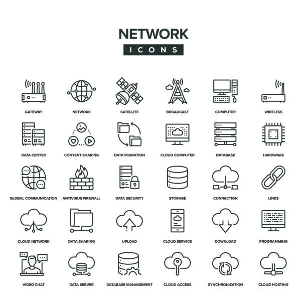 ilustraciones, imágenes clip art, dibujos animados e iconos de stock de conjunto de iconos de línea de red - network connection plug cable computer cable telecommunications equipment