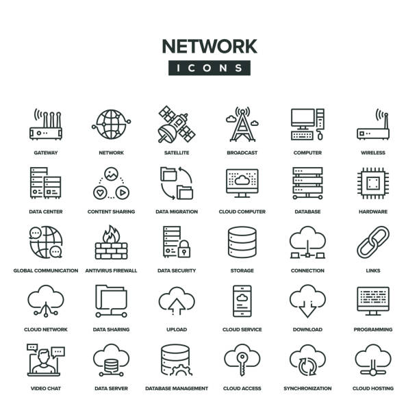 illustrations, cliparts, dessins animés et icônes de ensemble d’icônes de ligne réseau - network connection plug network server cable data