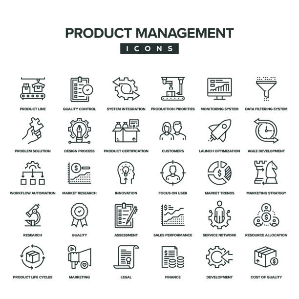 ürün yönetimi satırı simge kümesi - manufacturing stock illustrations