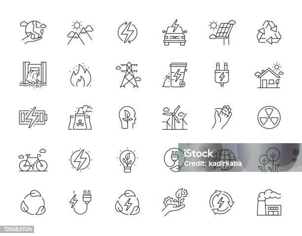 Ecology And Energy Thin Line Icon Set Series - Arte vetorial de stock e mais imagens de Símbolo de ícone - Símbolo de ícone, Combustíveis e Geração de Energia, Recurso Sustentável