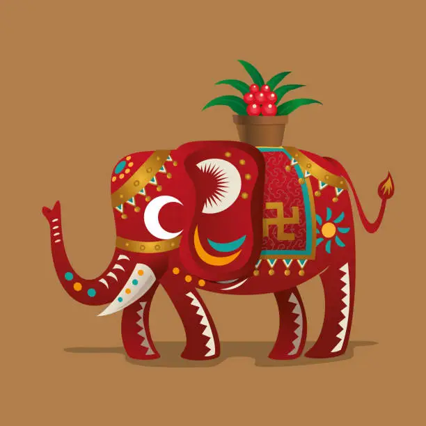 Vector illustration of Chinese New Year Festival's lucky symbol:A elephant with a plant of Evergreen.