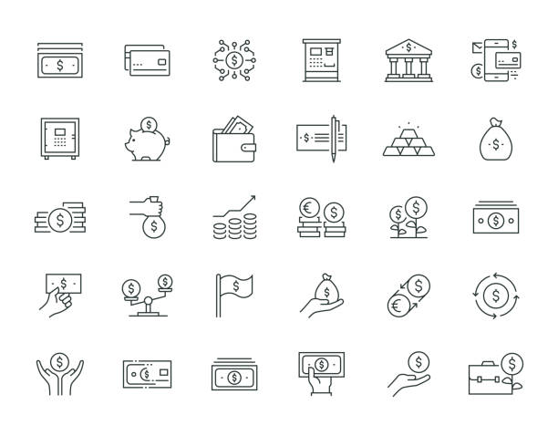 geld d ünne linie icon set serie - icons stock-grafiken, -clipart, -cartoons und -symbole