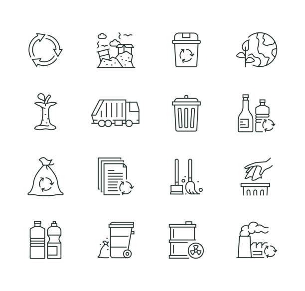 ilustraciones, imágenes clip art, dibujos animados e iconos de stock de elementos de basura thin line icon set series - garbage dump