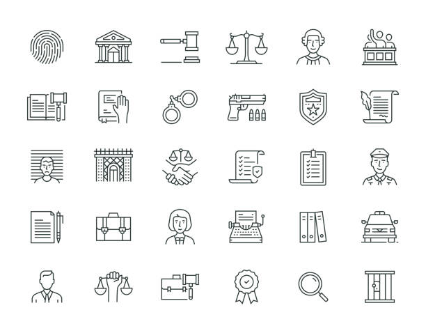 stockillustraties, clipart, cartoons en iconen met law and justice thin line icon set-serie - law