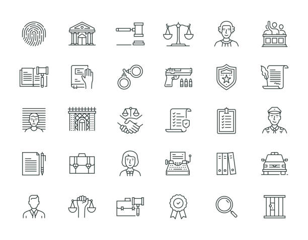 Law And Justice Thin Line Icon Set Series Law And Justice Thin Line Icon Set Series punishment stock illustrations