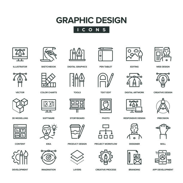 ilustraciones, imágenes clip art, dibujos animados e iconos de stock de conjunto de iconos de línea de diseño gráfico - gráfico por ordenador